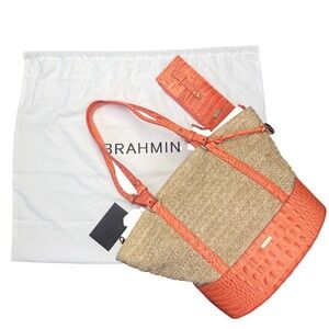Brahmin Straw Tote Bag Coral Croc Embossed Leather Matching Wallet Set